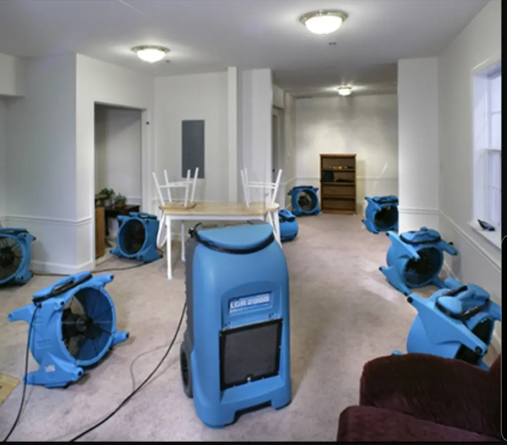 Air movers and dehumidifier setup for Water Damage Restoration in West Bridgewater